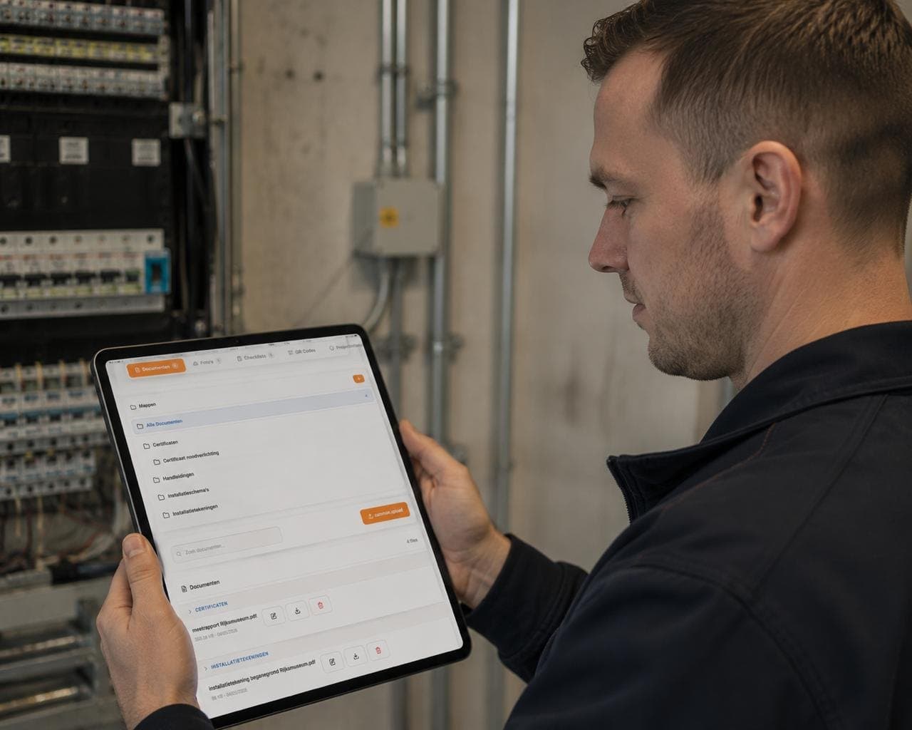 Installateur bekijkt de documentenmap van een dossier op een tablet bij de meterkast