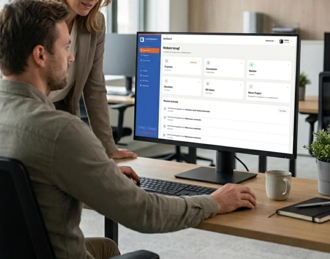 Twee collega's bekijken samen het dossier-dashboard op kantoor